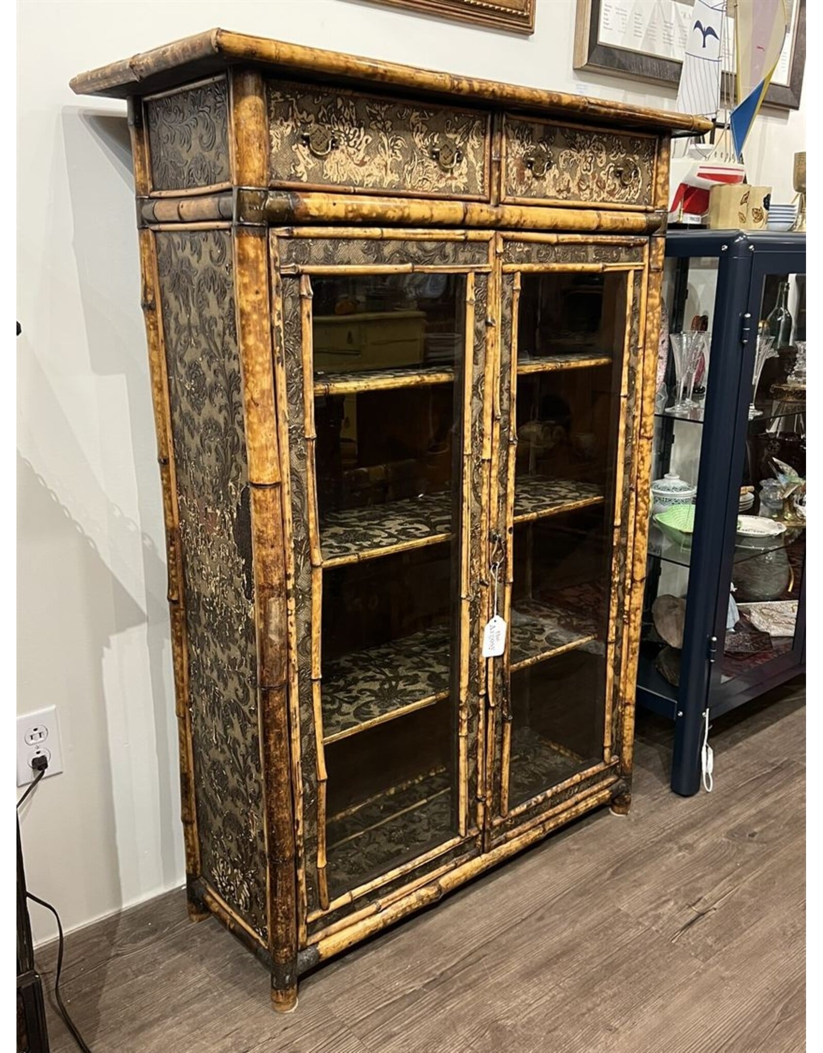 Bookcase cabinet - Victorian, 1890s, chinoiserie bamboo japanned antique glass