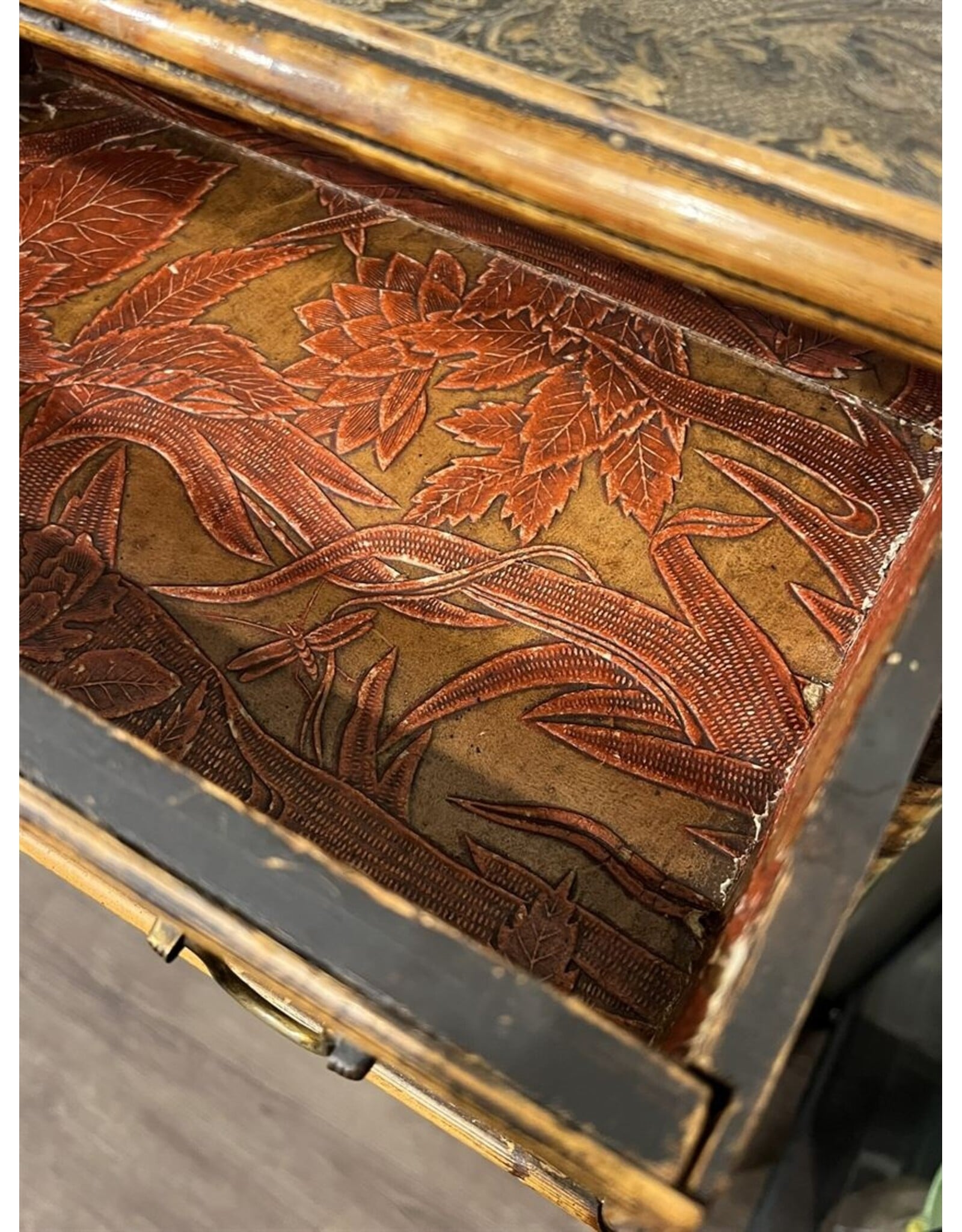 Bookcase cabinet - Victorian, 1890s, chinoiserie bamboo japanned antique glass