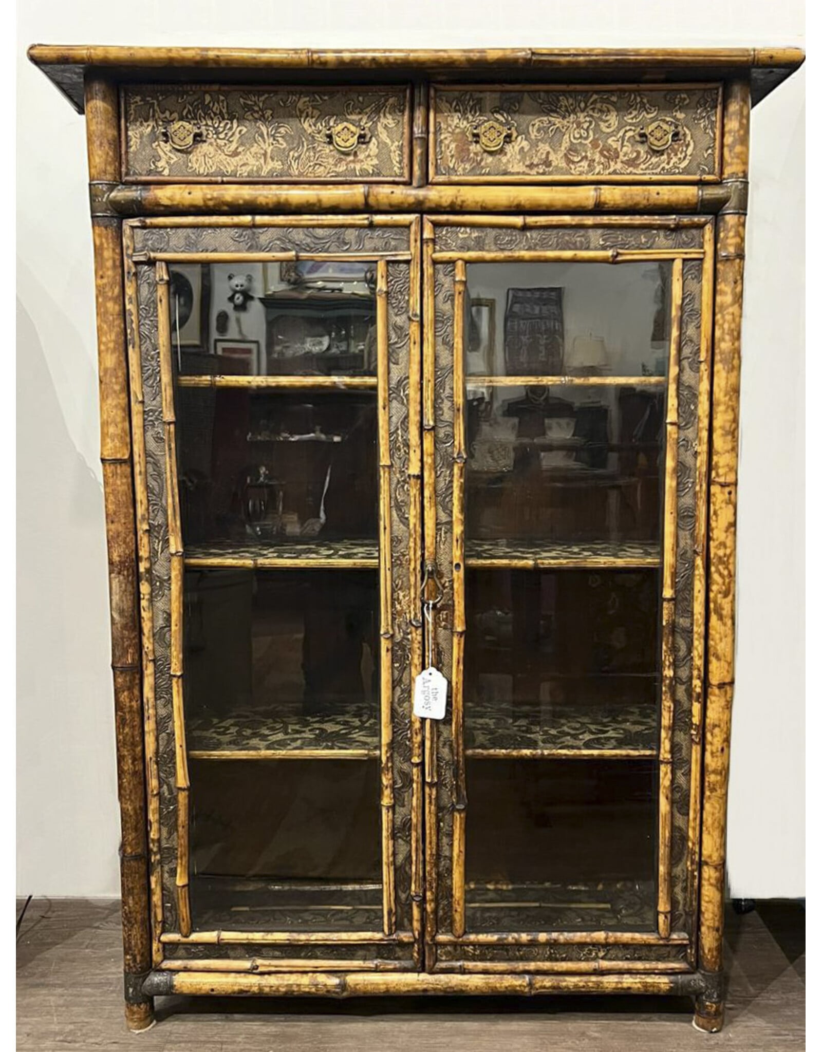 Bookcase cabinet - Victorian, 1890s, chinoiserie bamboo japanned antique glass