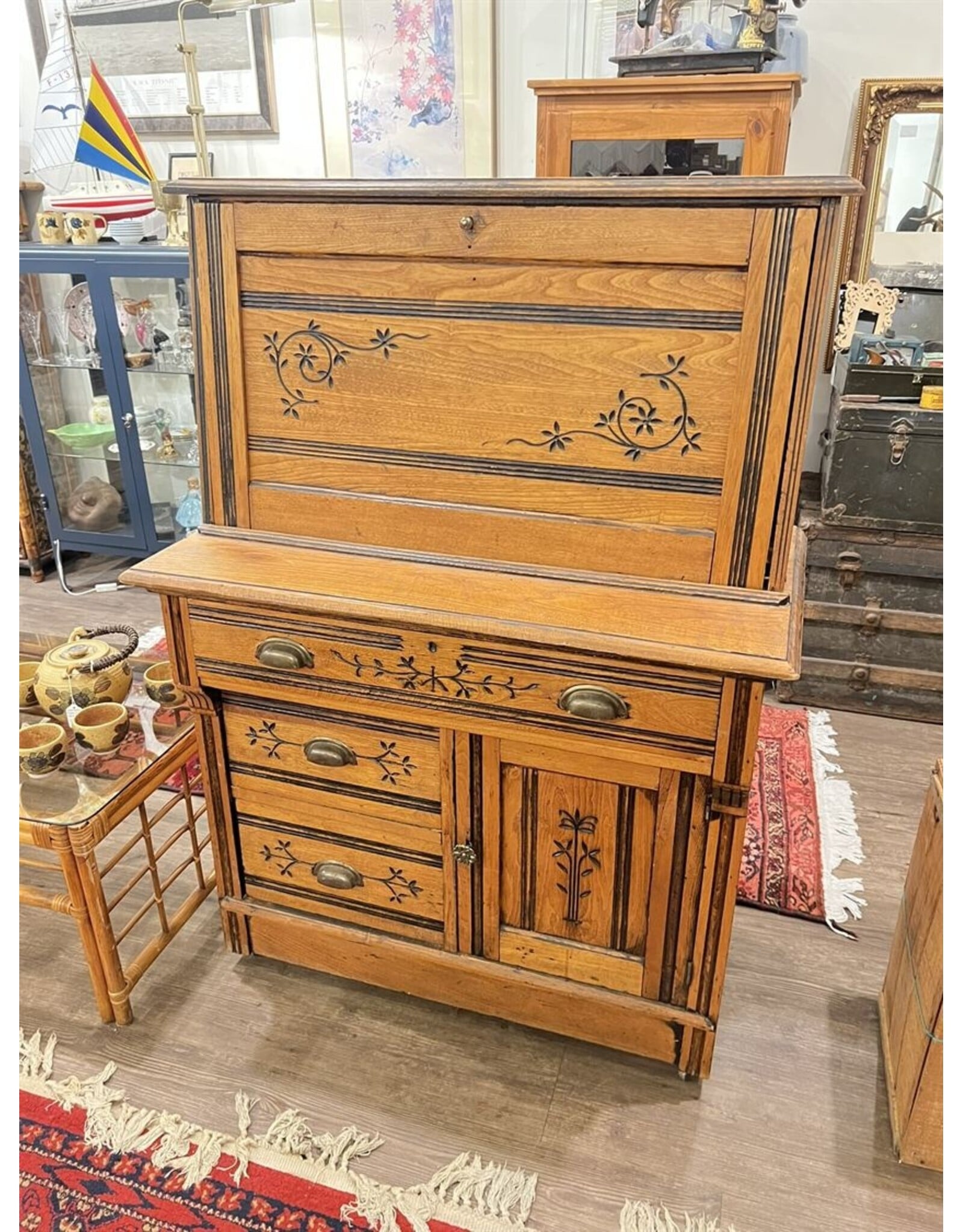Secretaire - Eastlake, carved, brass pulls and pigeon holes, drop front desk