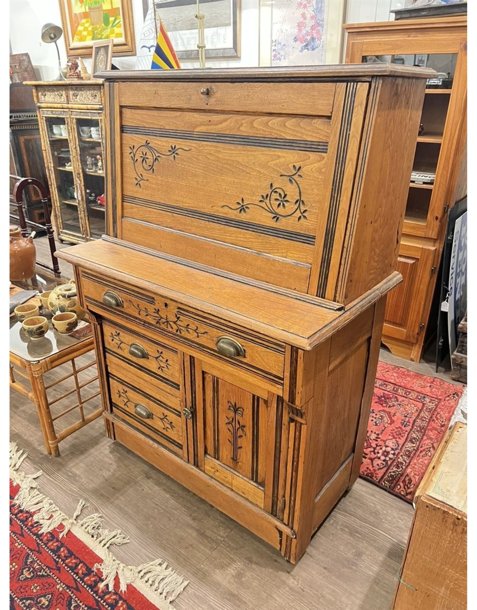 Secretaire - Eastlake, carved, brass pulls and pigeon holes, drop front desk