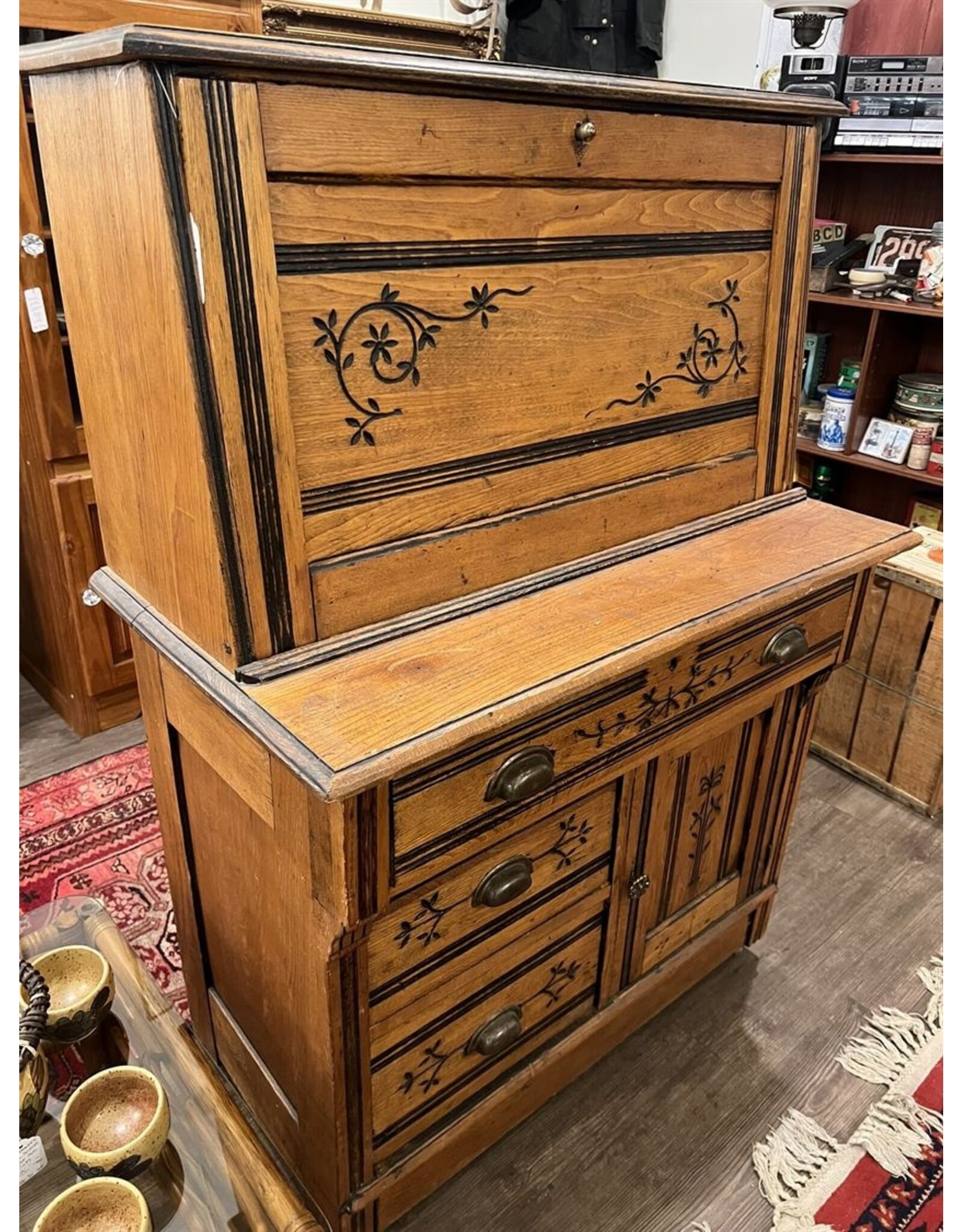 Secretaire - Eastlake, carved, brass pulls and pigeon holes, drop front desk