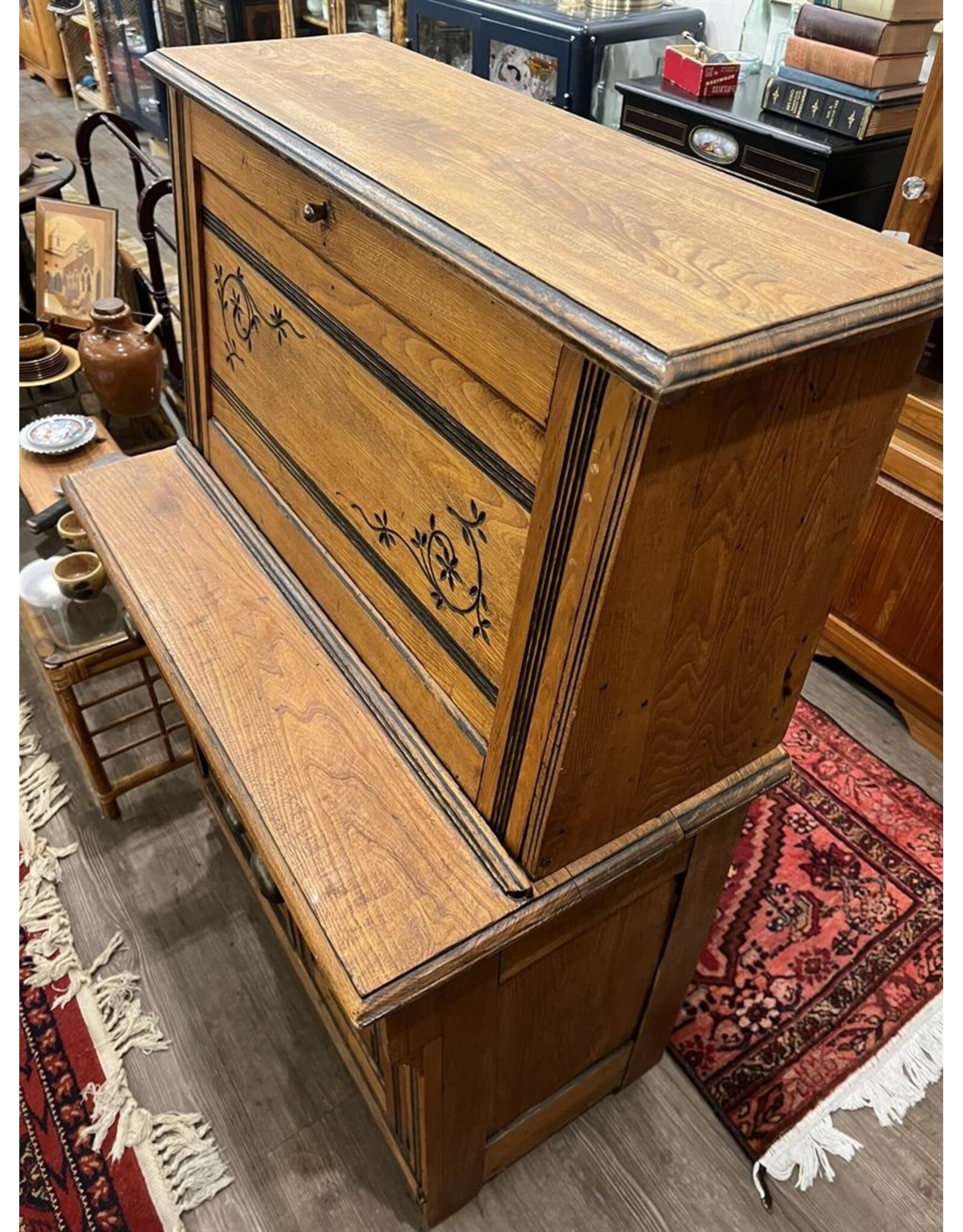 Secretaire - Eastlake, carved, brass pulls and pigeon holes, drop front desk