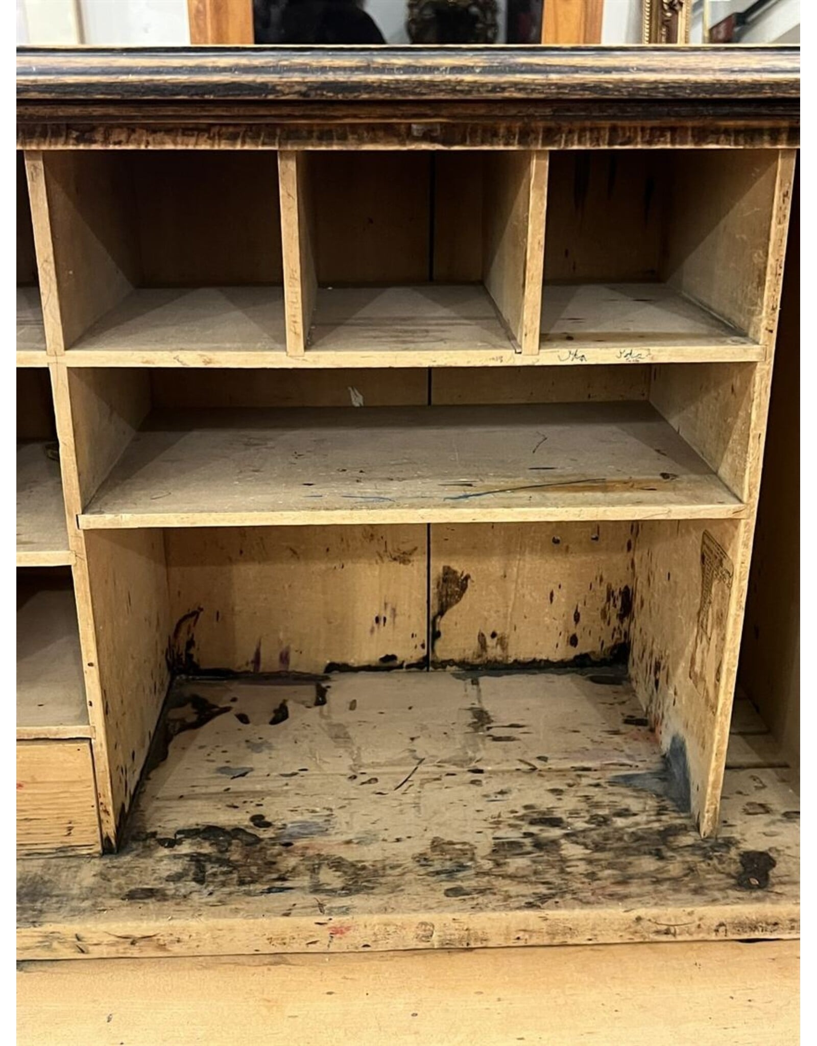 Secretaire - Eastlake, carved, brass pulls and pigeon holes, drop front desk