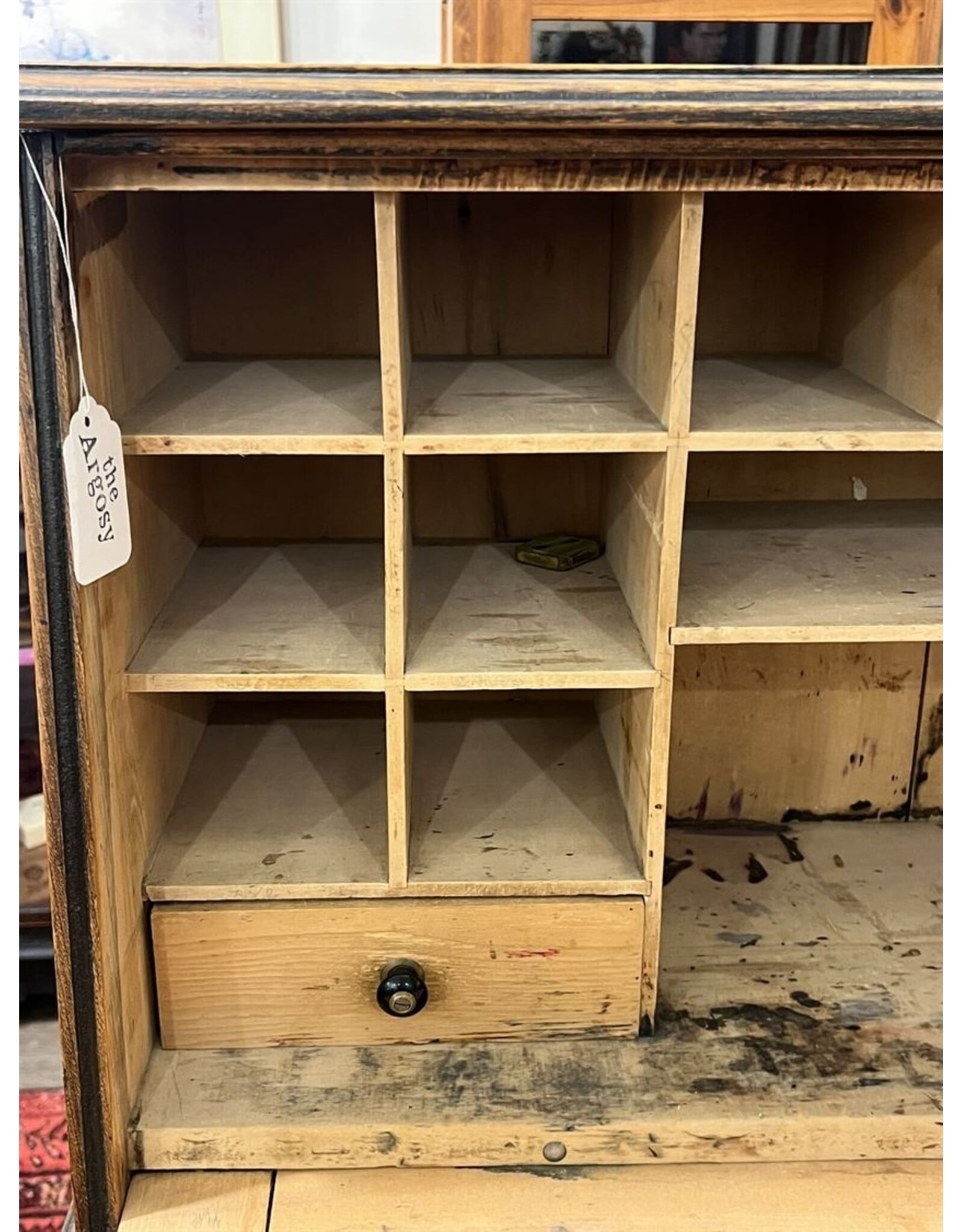 Secretaire - Eastlake, carved, brass pulls and pigeon holes, drop front desk