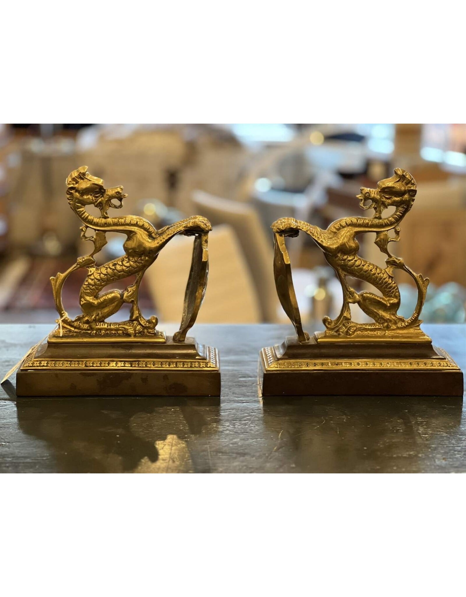 Bookends - heavy, brass dragon bookends, pair