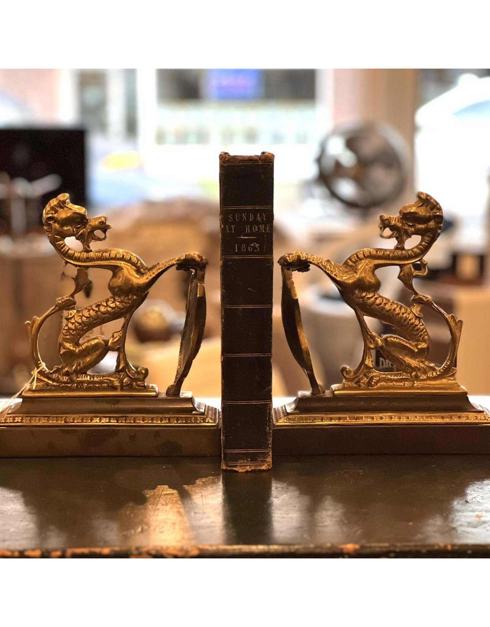 Bookends - heavy, brass dragon bookends, pair