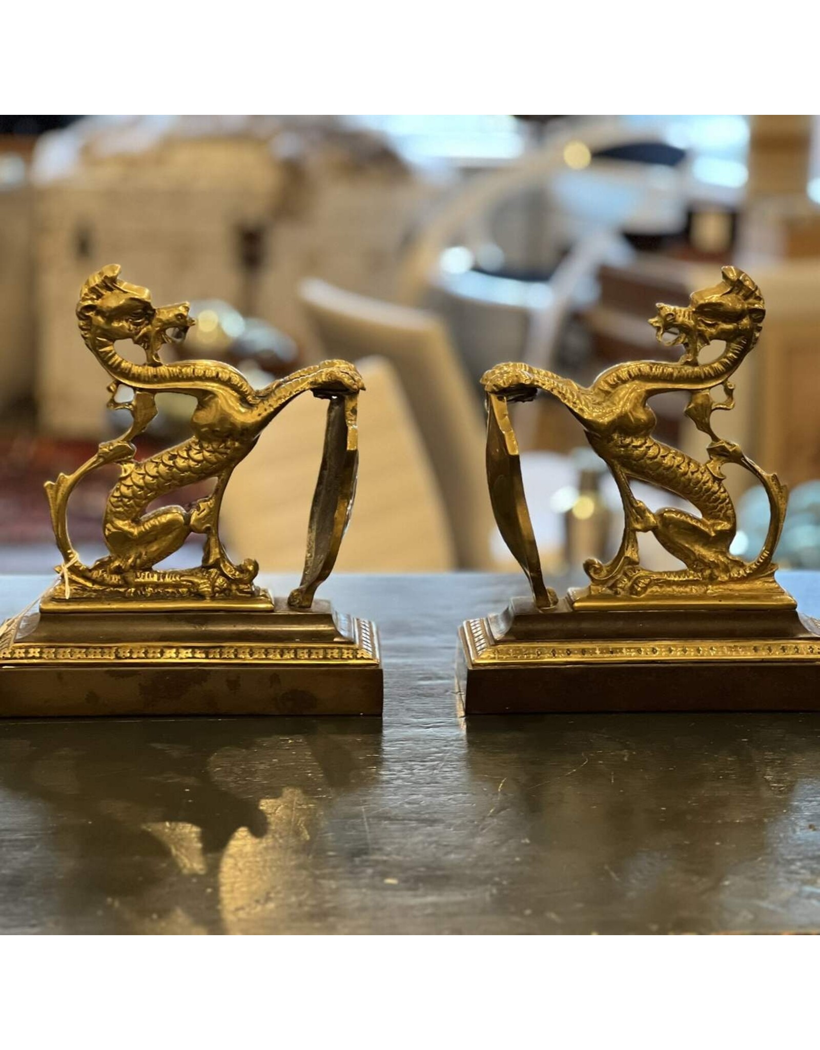 Bookends - heavy, brass dragon bookends, pair