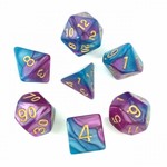 7 Set Polyhedral Dice - Blue/Bright Purple Blend Gold Ink