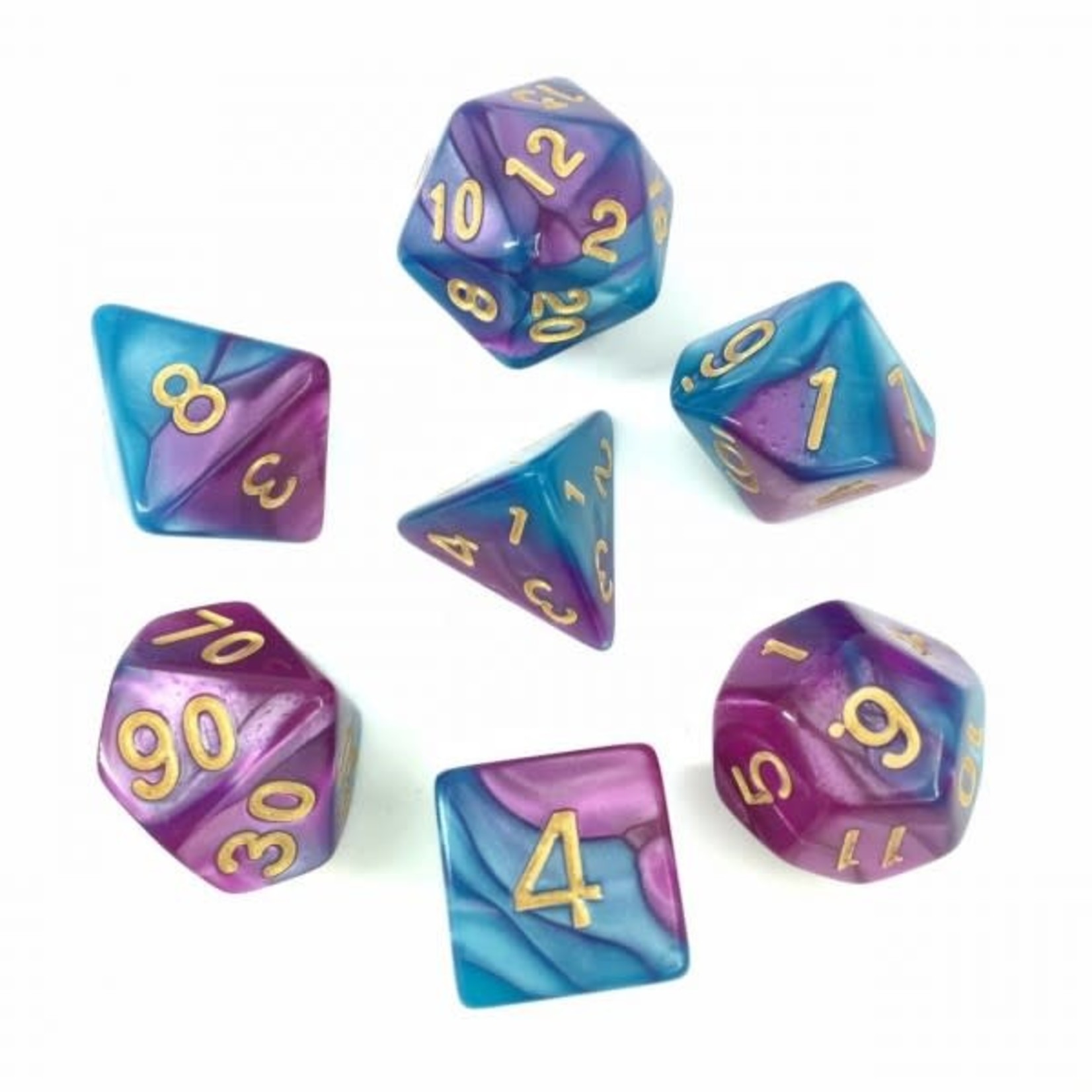 HD Dice 7 Set Polyhedral Dice - Blue/Bright Purple Blend Gold Ink
