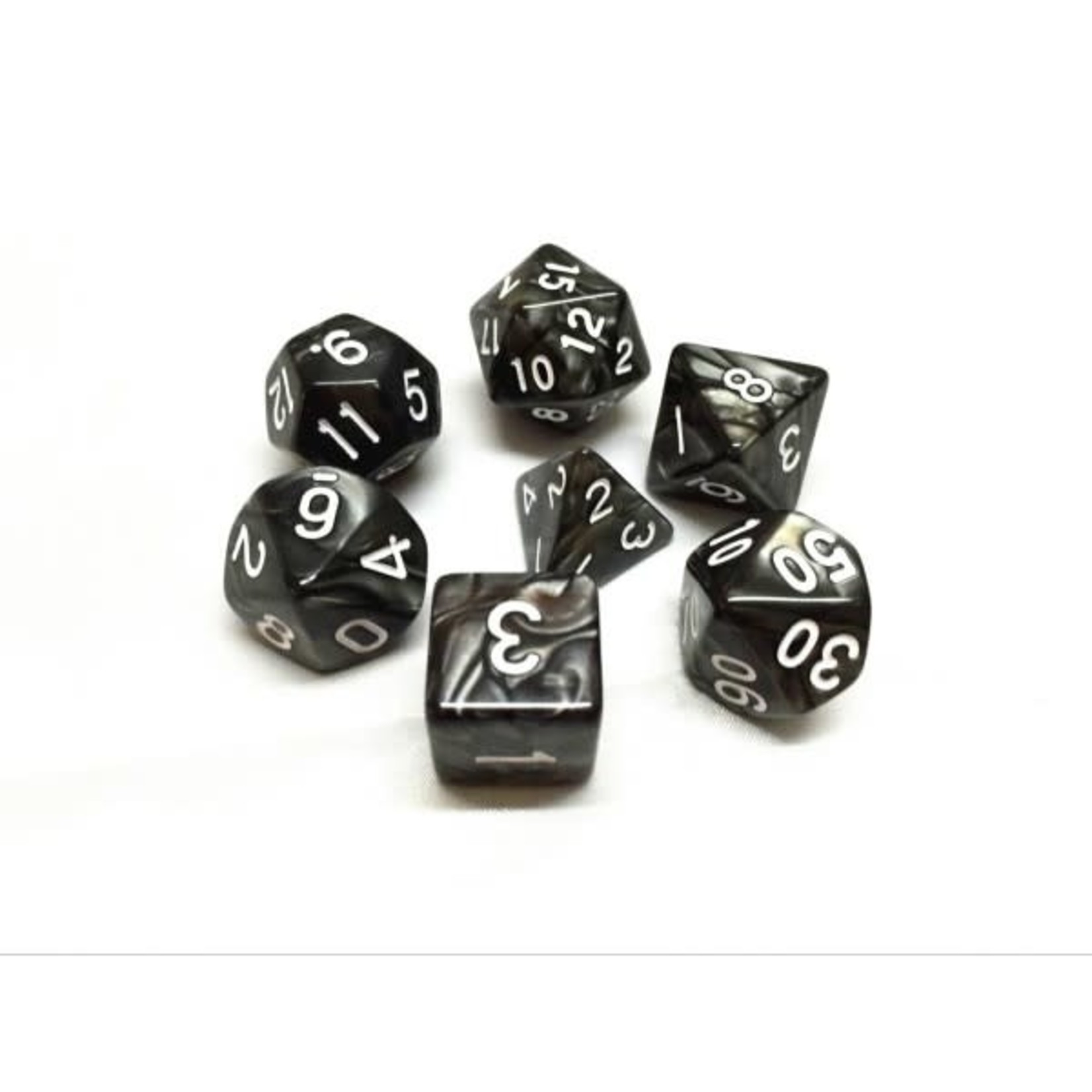 7 Set Polyhedral Dice - Black Pearl White Font