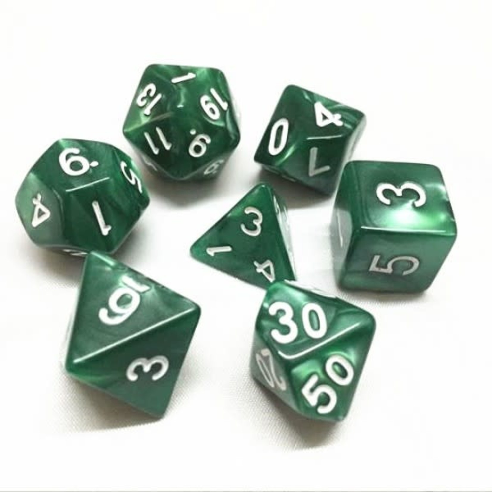 HD Dice 7 Set Polyhedral Dice - Green Pearl White Font