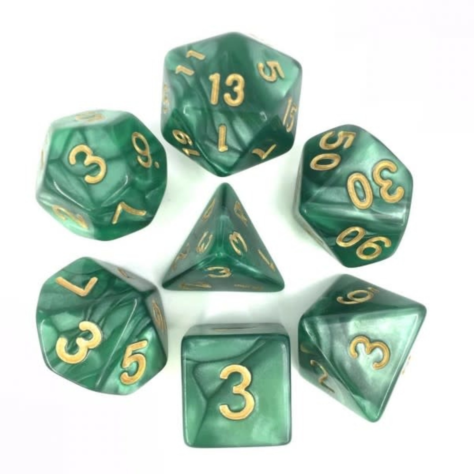 7 Set Polyhedral Dice - Green Pearl Gold Font