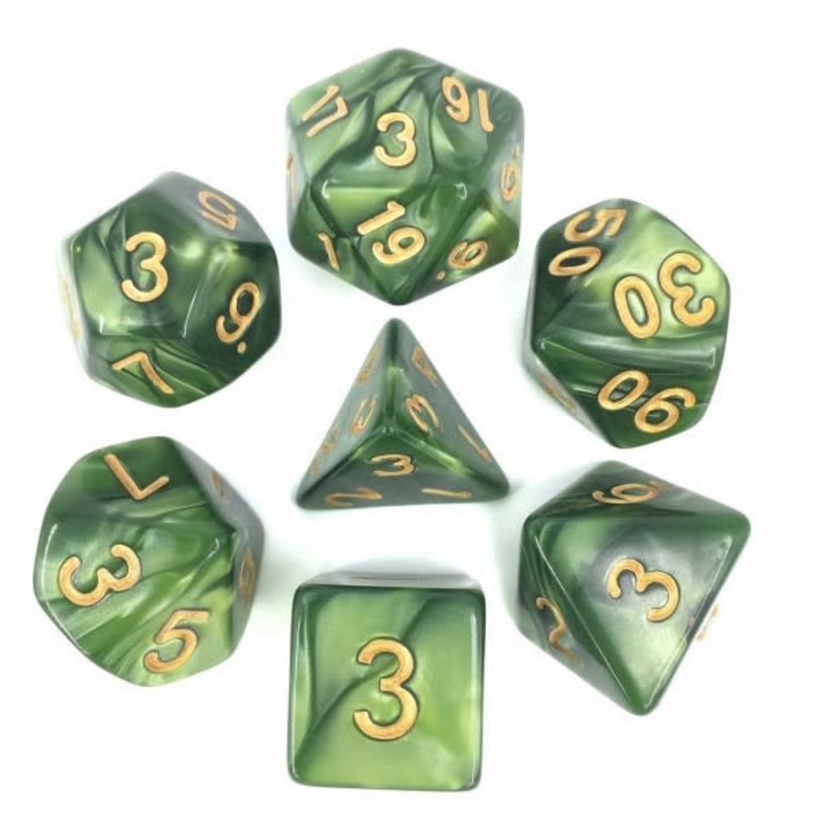 7 Set Polyhedral Dice - Grass Green Pearl Gold Font