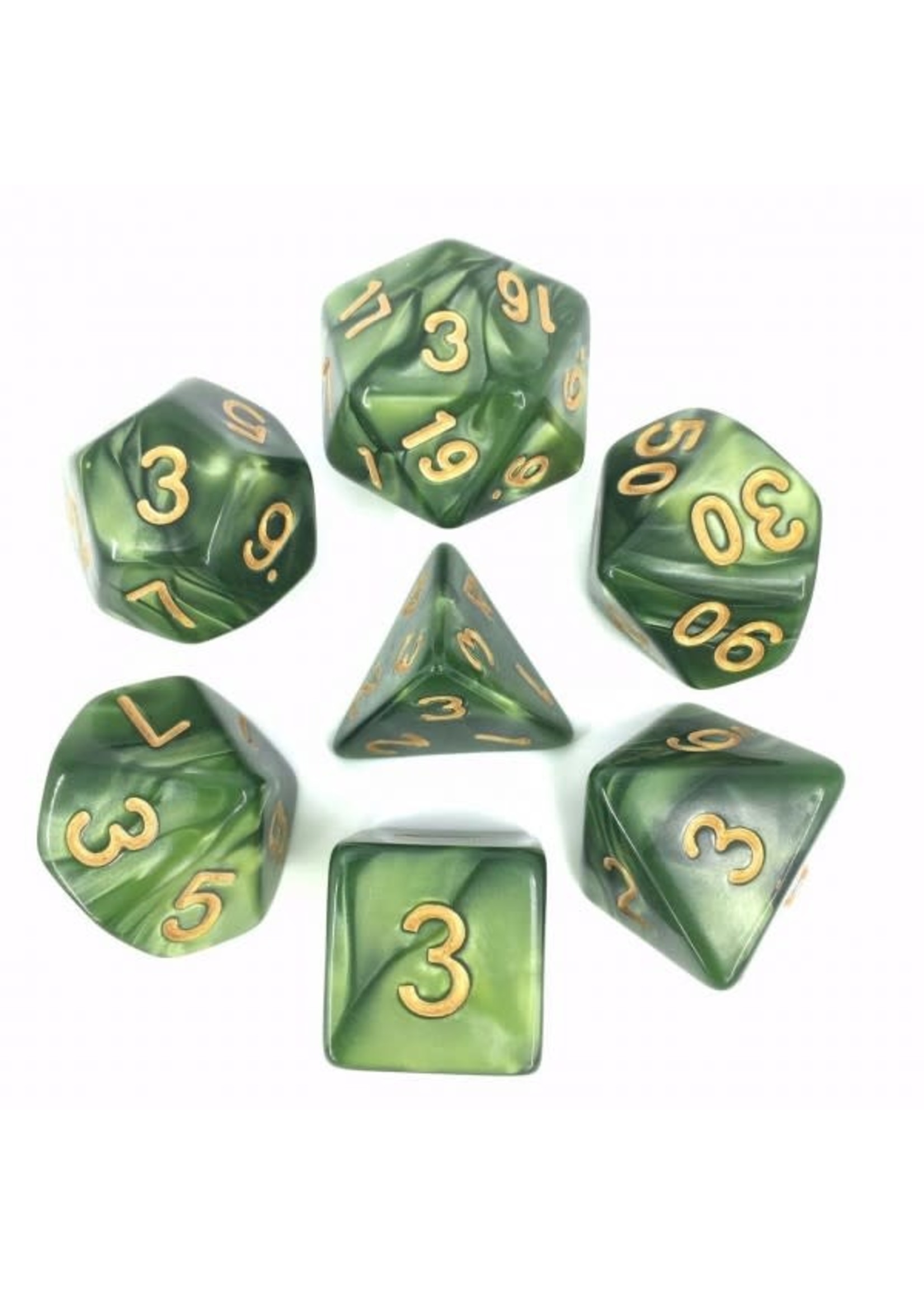 7 Set Polyhedral Dice - Grass Green Pearl Gold Font