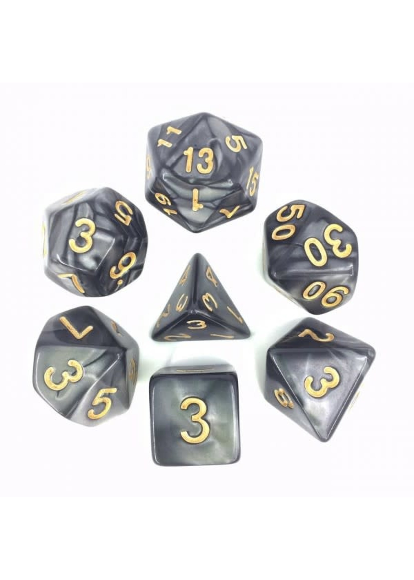 7 Set Polyhedral Dice - Black Pearl Gold Font
