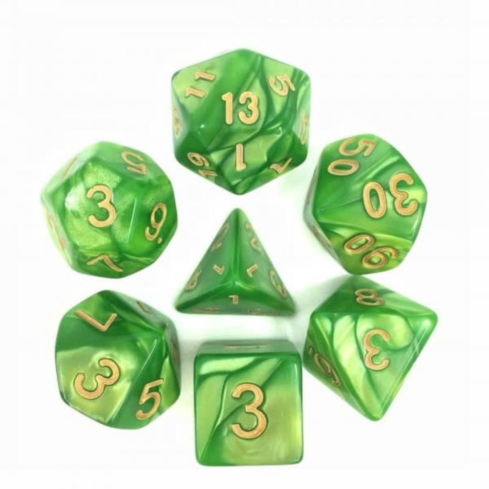 7 Set Polyhedral Dice - Light Green Pearl Gold Font