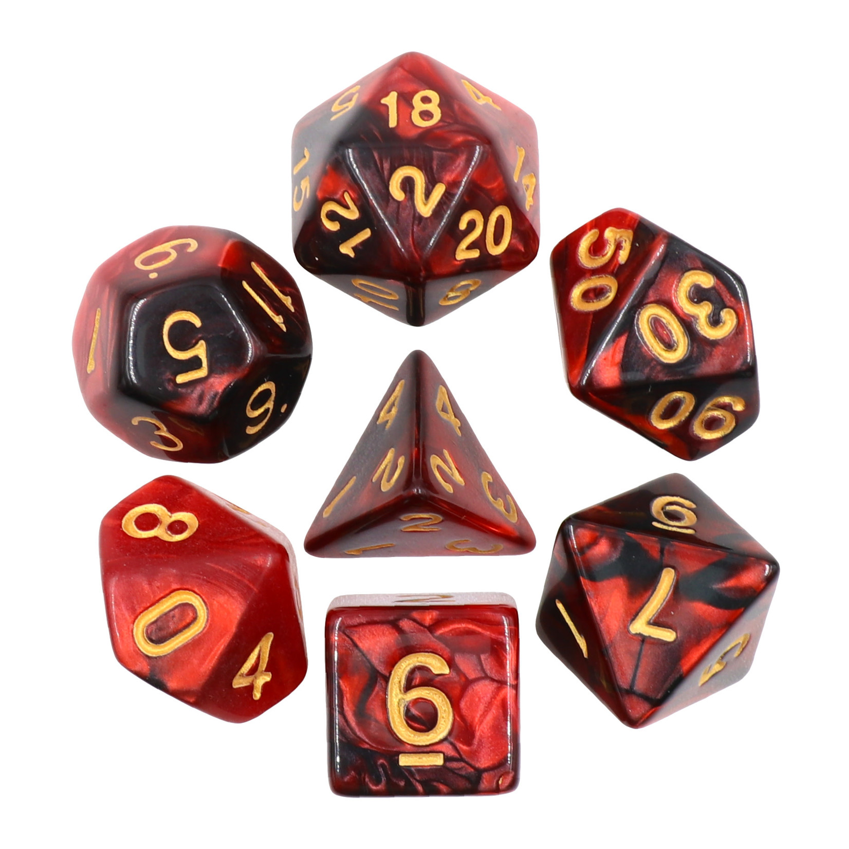 7 Set Polyhedral Dice - Black/Red Pearl Gold Font
