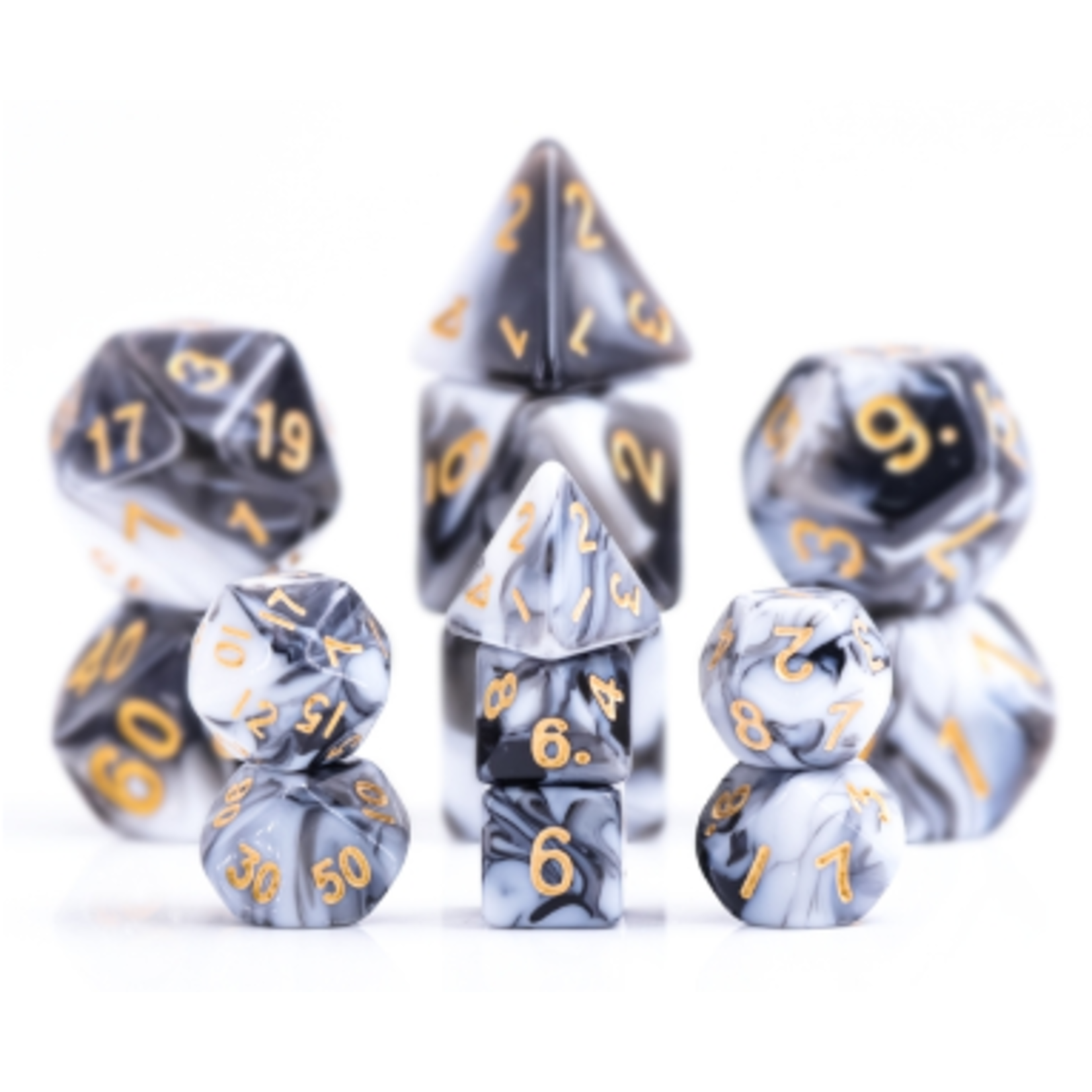 7 Set MINI Polyhedral Dice - Black/White Blend Gold Font