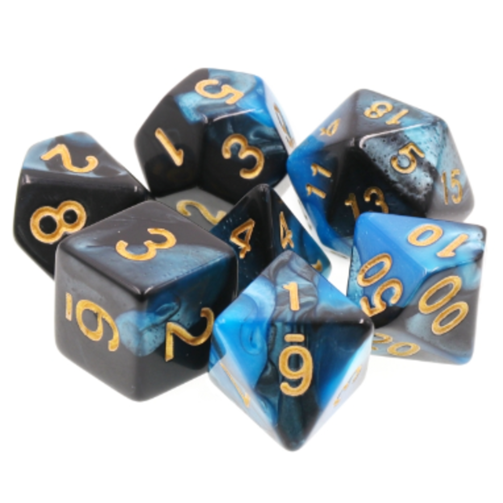 HD Dice 7 Set Polyhedral Dice - Black/Blue Pearl Gold Ink