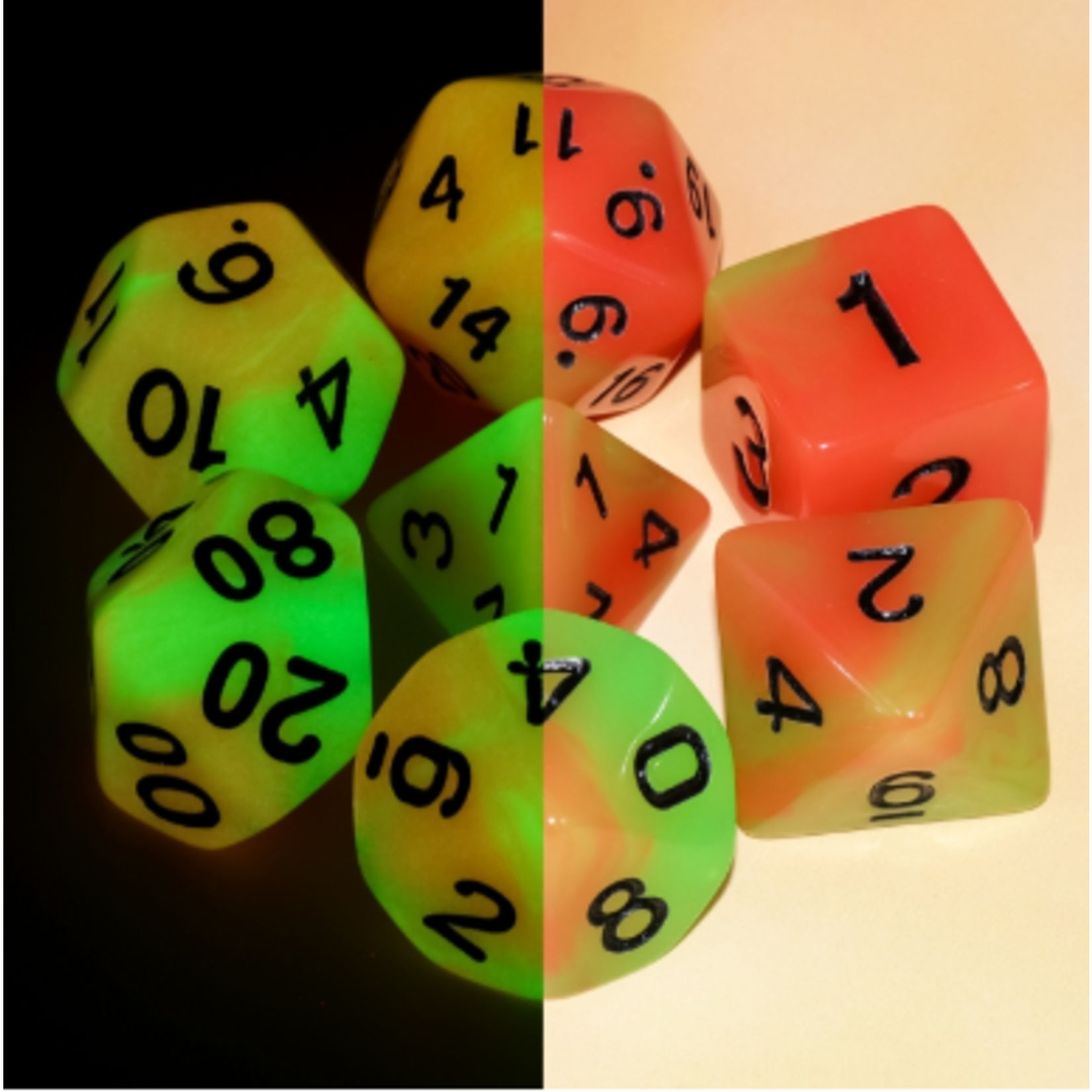 7 Set Polyhedral Dice - Glow in the Dark - Orange Green