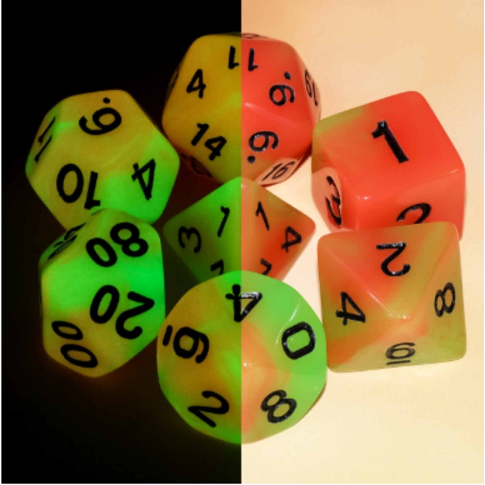 HD Dice 7 Set Polyhedral Dice - Glow in the Dark - Orange Green