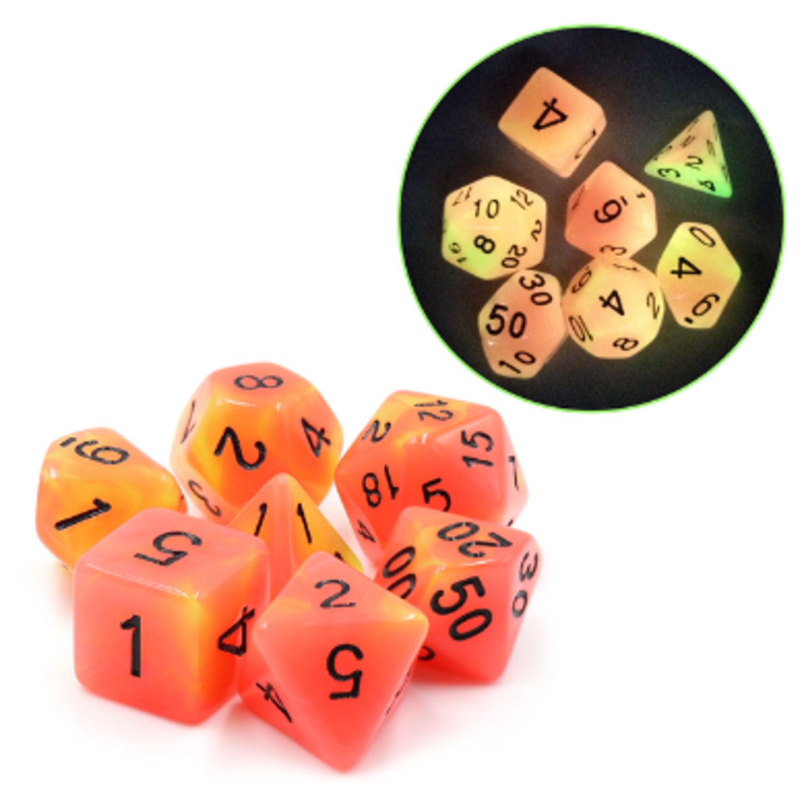 HD Dice 7 Set Polyhedral Dice - Glow in the Dark - Orange Yellow