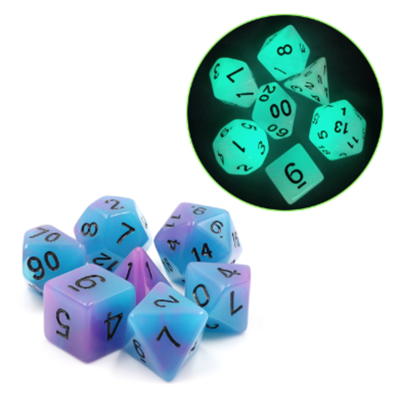 7 Set Polyhedral Dice - Glow in the Dark - Purple Blue