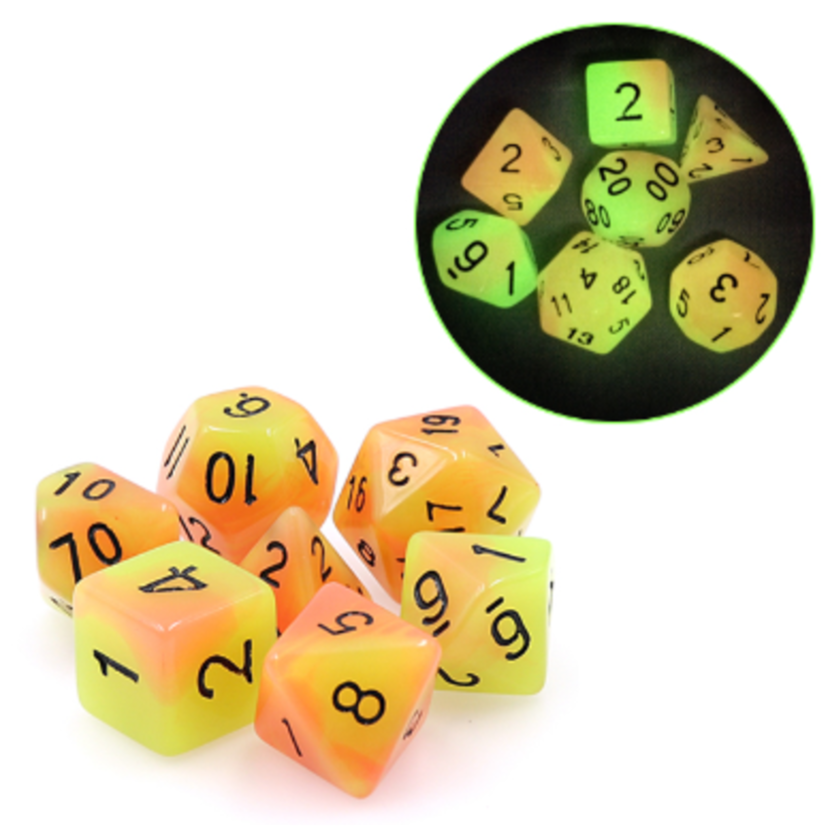 HD Dice 7 Set Polyhedral Dice - Glow in the Dark - Yellow Orange