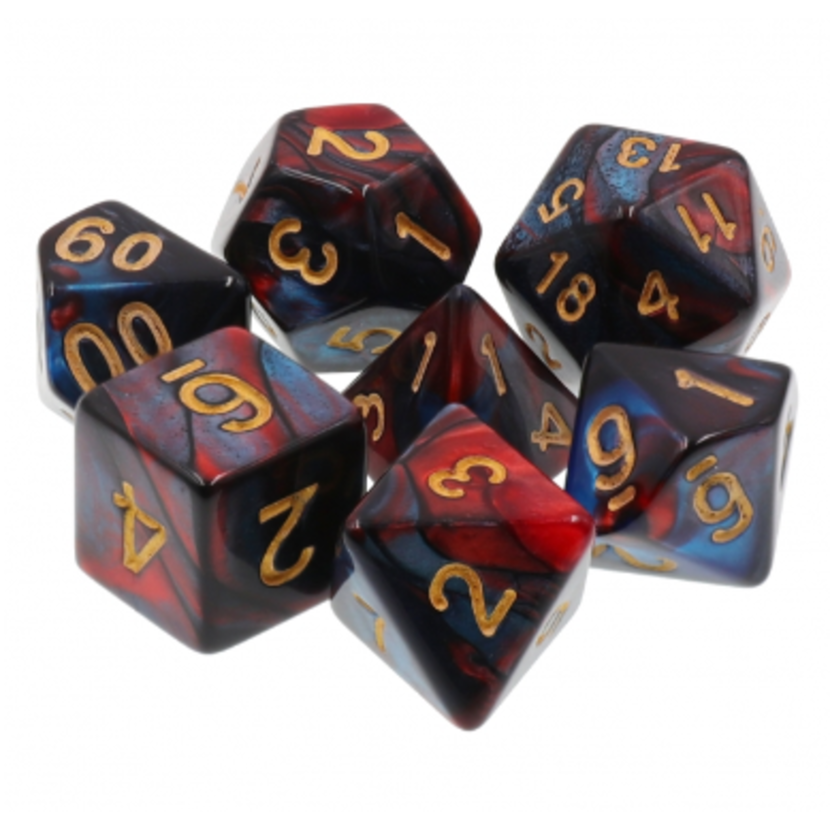 7 Set Polyhedral Dice - Red/Blue Blend Gold Ink