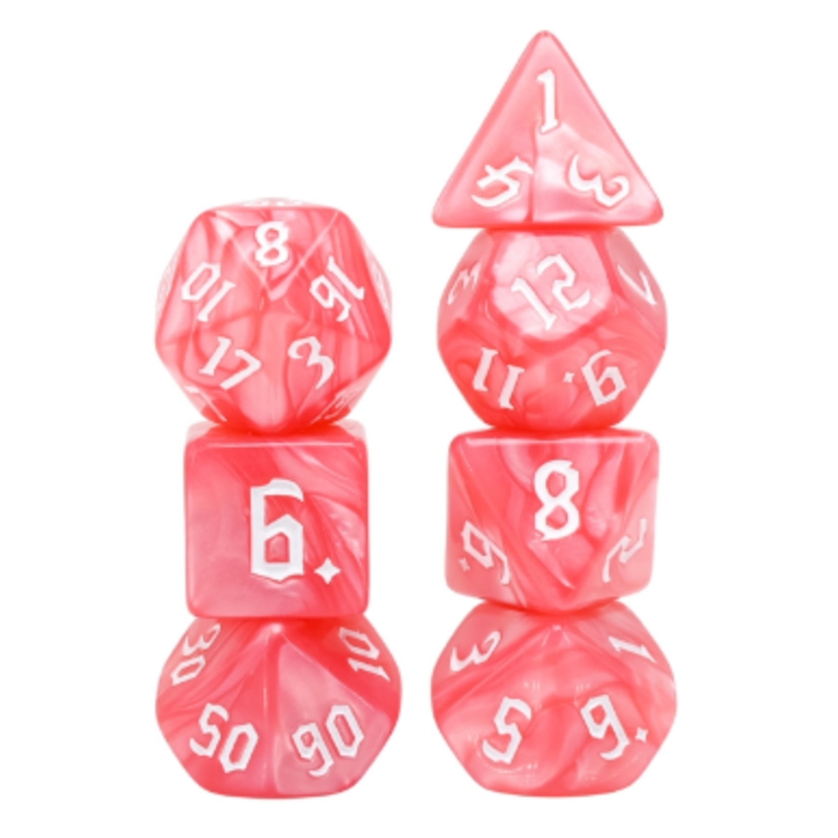 7 Set Polyhedral Dice - Rose Pink Pearl White Font