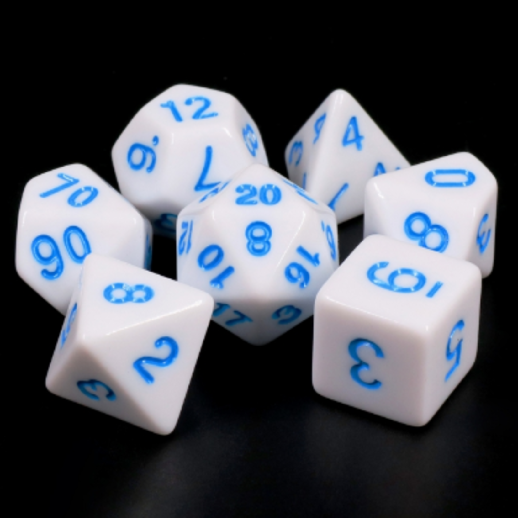 7 Set Polyhedral Dice - White Opaque/Blue Font