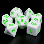 7 Set Polyhedral Dice - White Opaque/Green Font