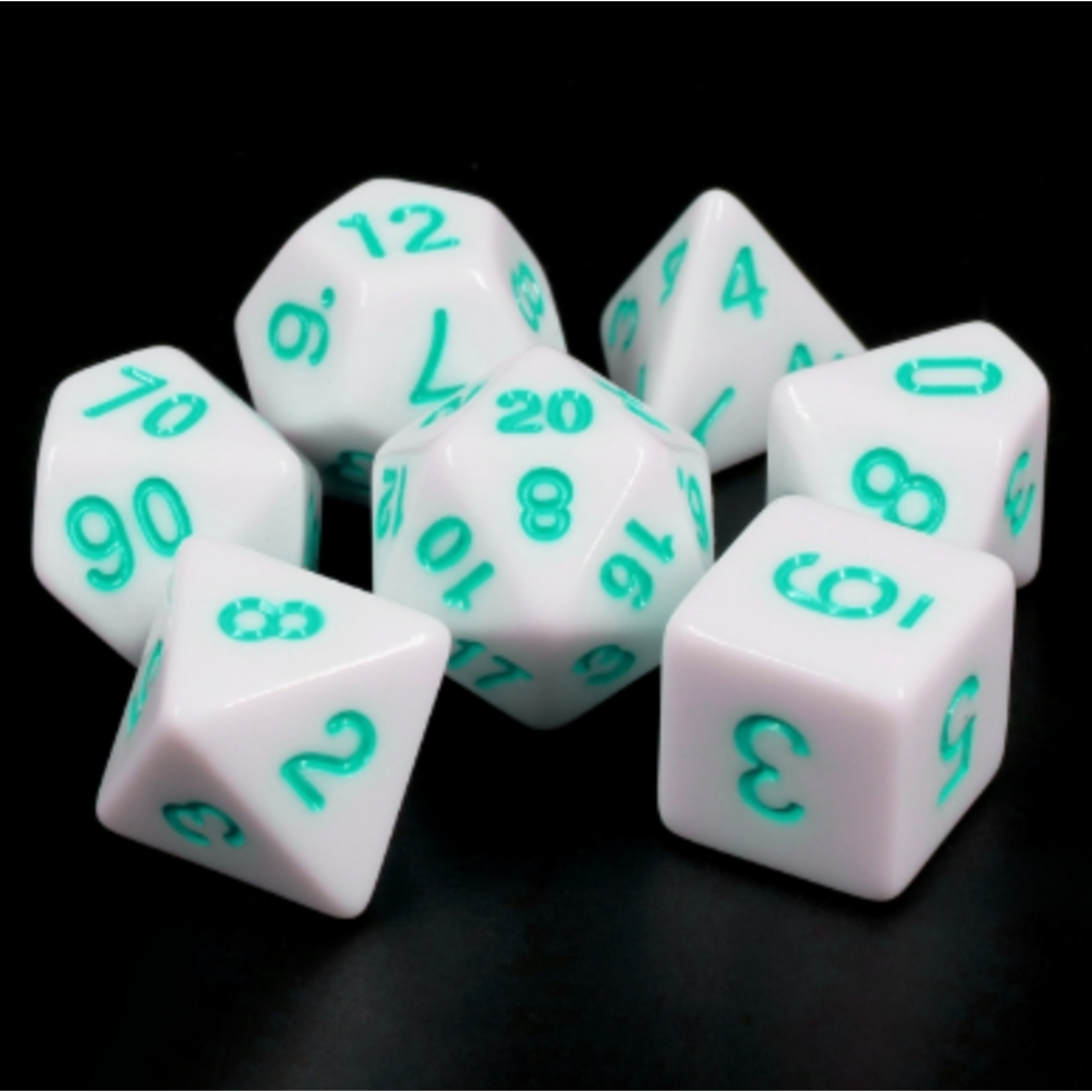 7 Set Polyhedral Dice - White Opaque/Teal Font