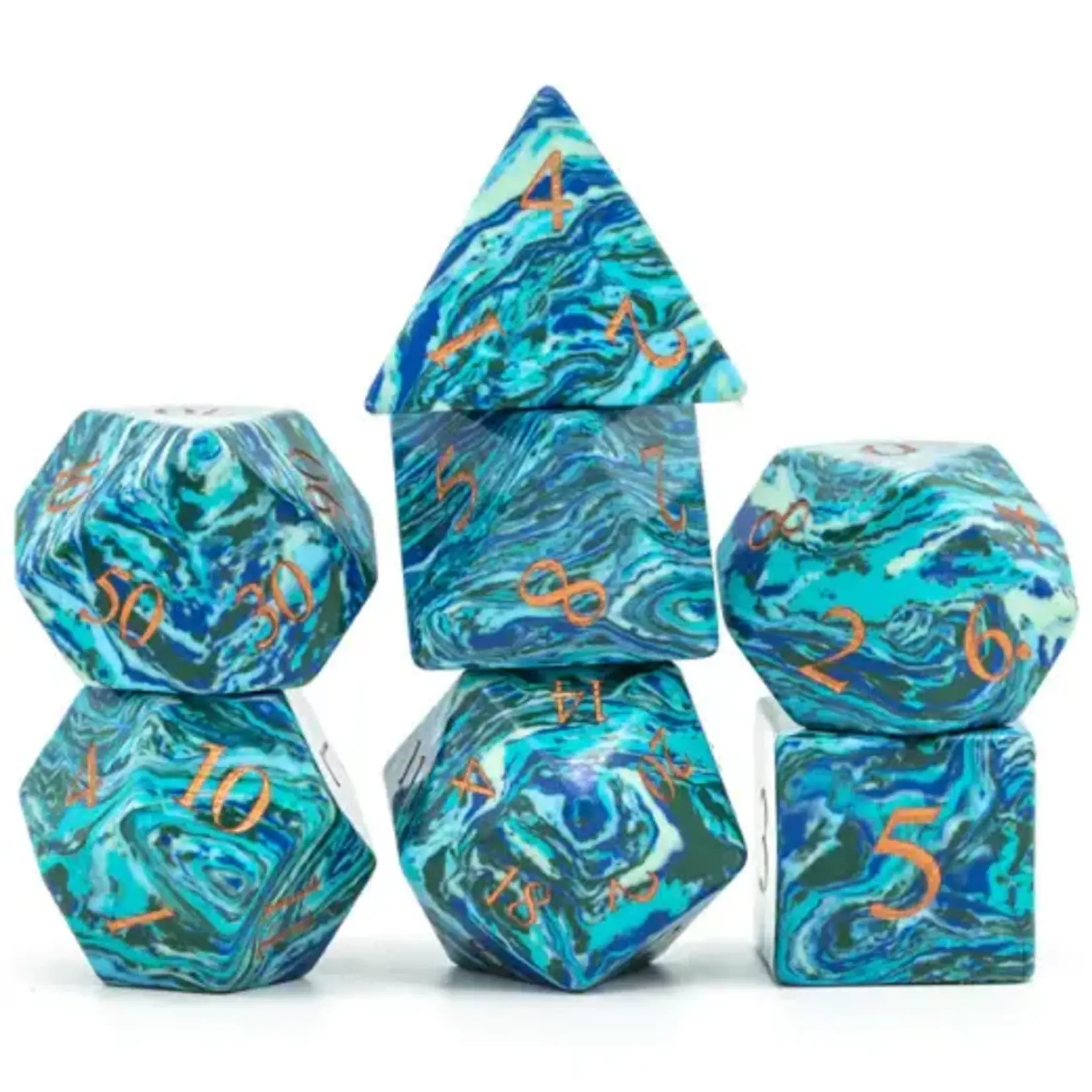 Foam Brain Gemstone Dice Set - Textured Turquoise Shades of Blue - Engraved