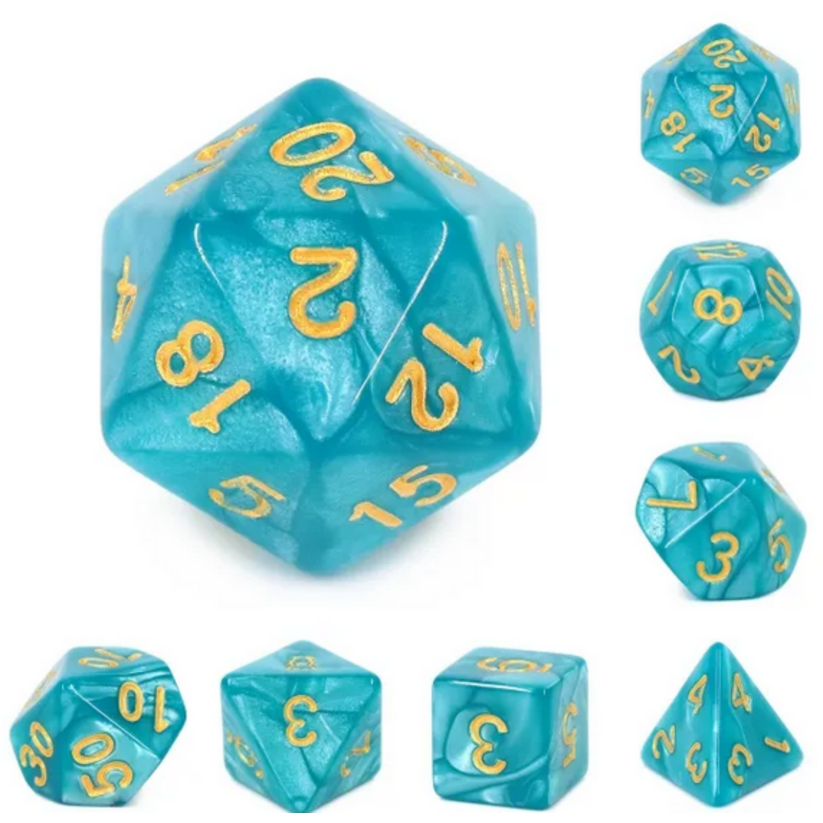 HD Dice 7 Set Polyhedral Dice - Lake Blue Pearl Gold Font