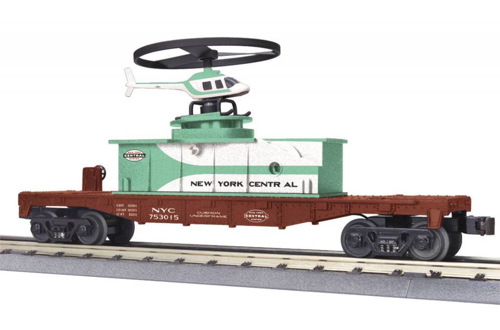 MTH - RailKing Operating Helicopter Flatcar - 3-Rail - Ready to Run - RailKing(R) -- New York Central #753015 (Boxcar Red, Jade Green, white)