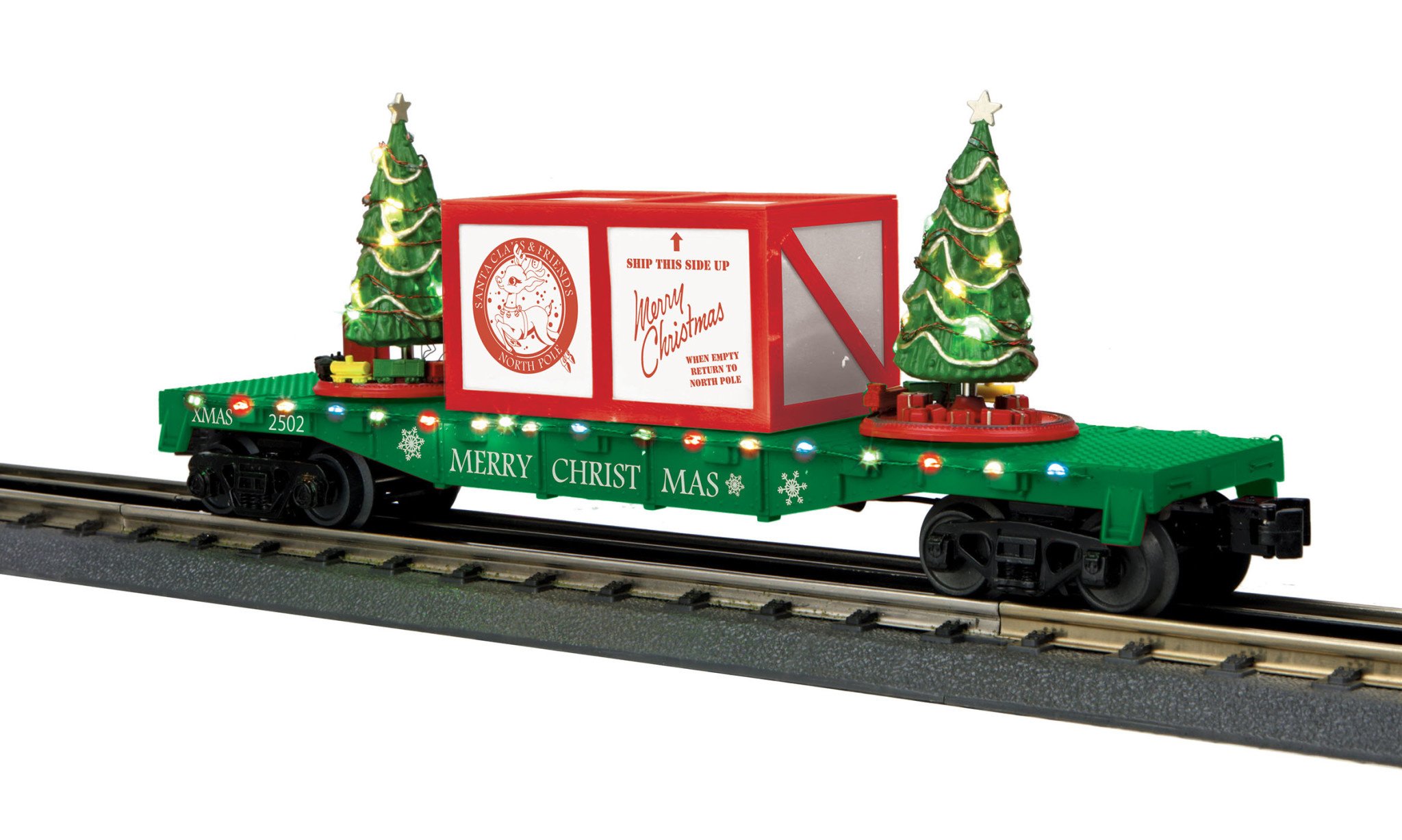 MTH - RailKing #30-76773, MTH Christmas Flatcar with Lighted Trees (Green)