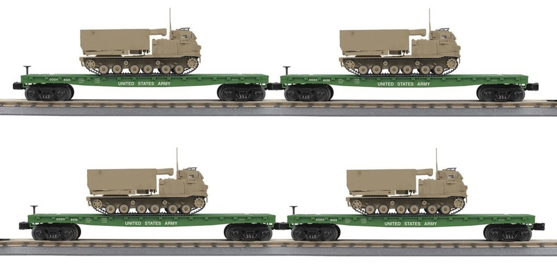 MTH - RailKing MTH 30-70120 4-Car Flat Car Set, M270 Rocket Launcher, Desert Scheme