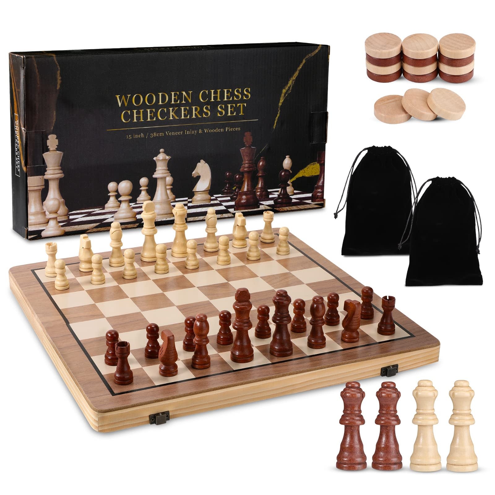 Playvibe 15" Wooden Chess/Checkers Set