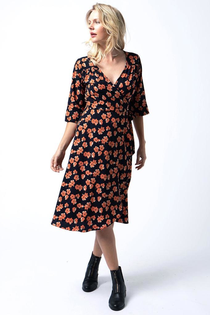 orange floral wrap dress