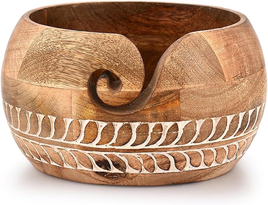 heartstrings Mango Wood Yarn Bowl with Etch Design
