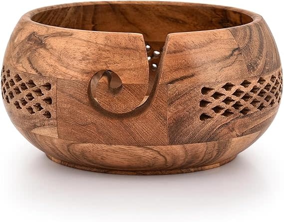 heartstrings Acacia Wood Yarn Bowl with Cutout Design