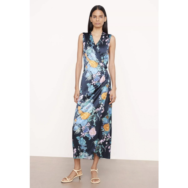 VINCE PAINTED BOUQUET SLEEVELESS DRAPED PLEAT DRESS