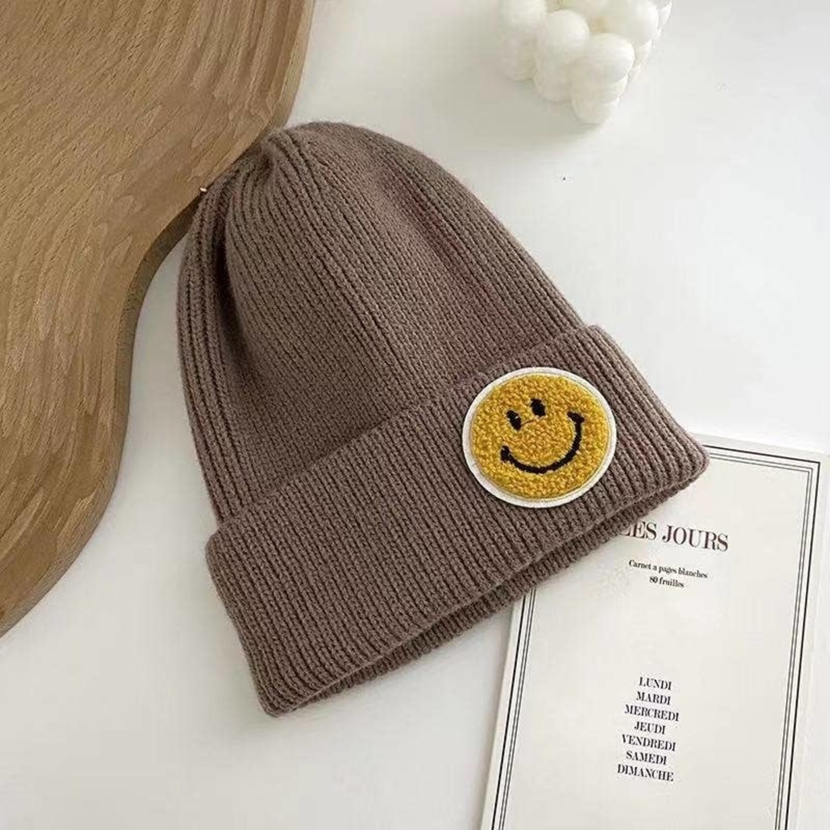Melody Yellow Smiley Face Beanie Brown 