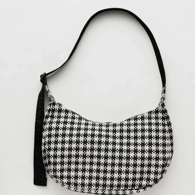 Baggu Medium Nylon Crescent Bag Black & White Pixel Gingham