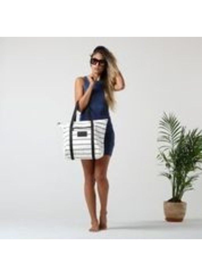 Pinstripe Zipper Tote in White on Black