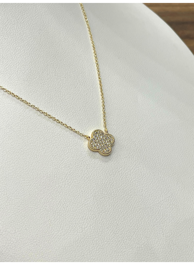 STAINLESS STEEL SMALL PAVE CLOVER NECKLACE-GOLD