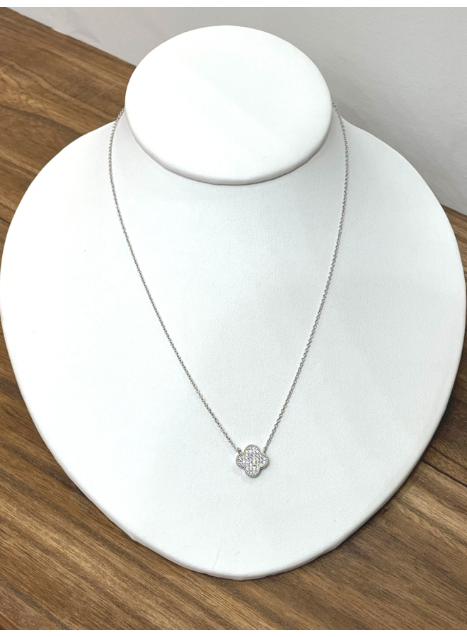 STAINLESS STEEL SMALL PAVE CLOVER NECKLACE-SILVER