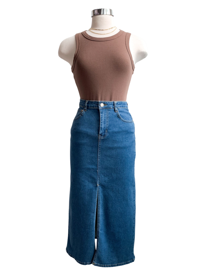 FRONT SLIT DENIM MIDI SKIRT